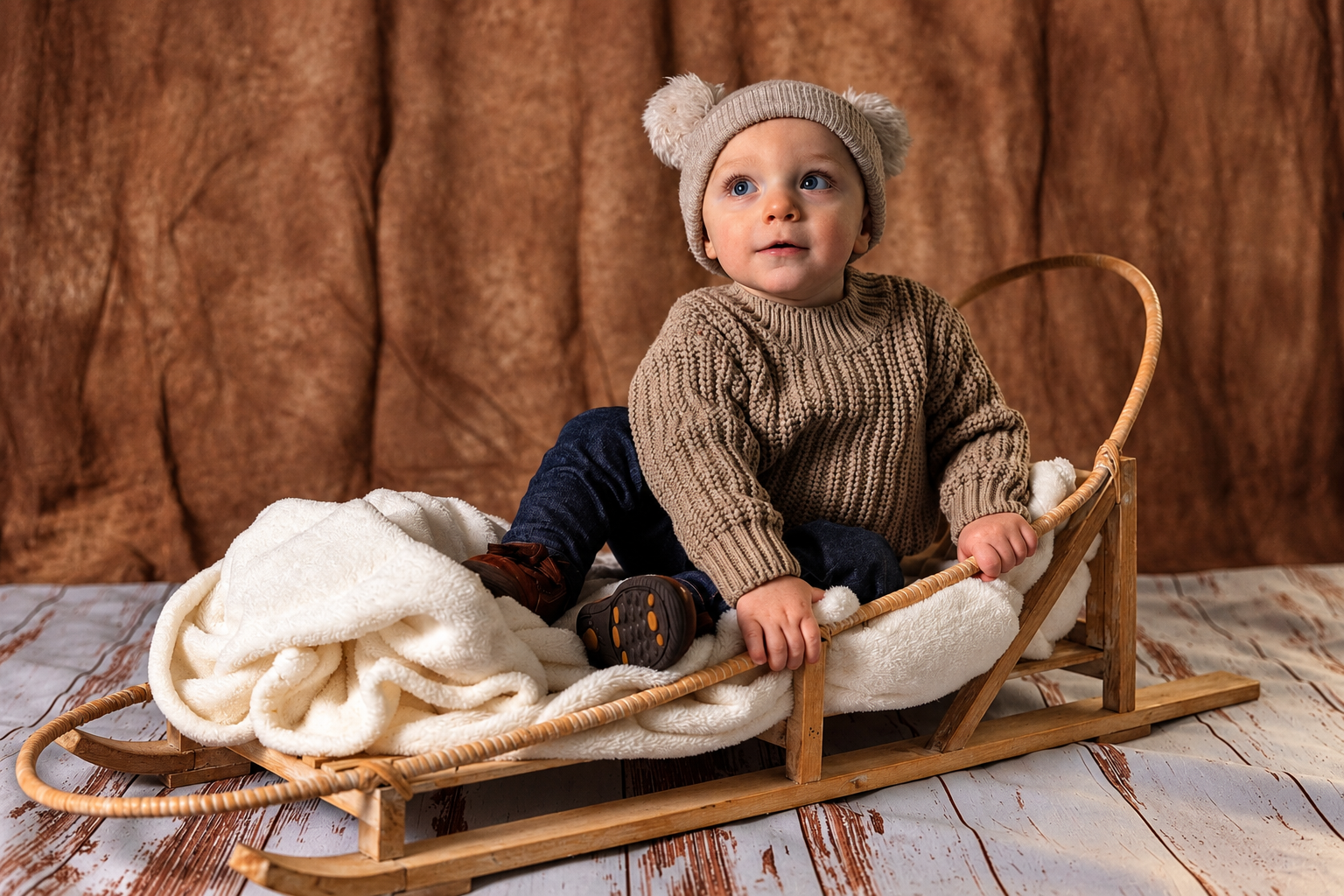 Cozy rustic sled portrait